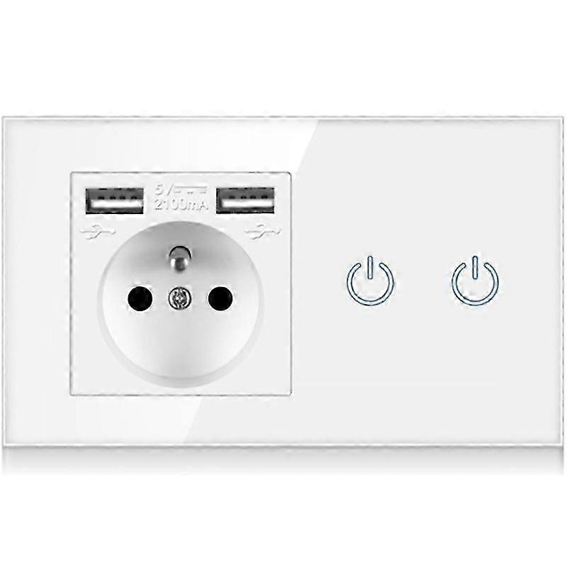 EU Power Outlet Socket, LED Light Touch Double Switch, 2 USB Charger, Glass Panel French Wall Electrical Socket 26s