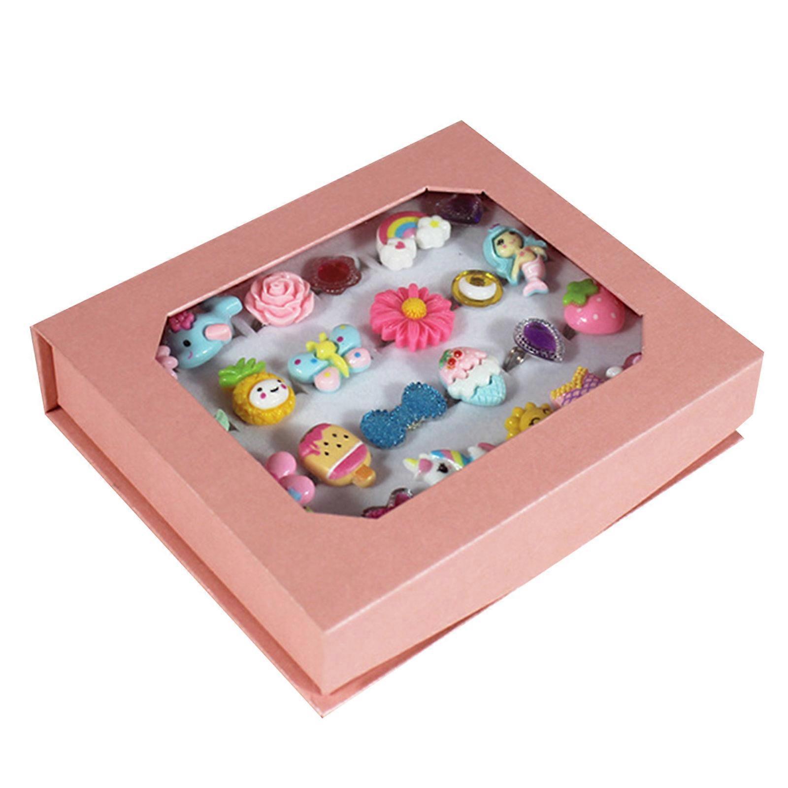 24pcs Girl Jewelry Set in Box, Adjustable Size, No Duplication, Pretend Play Cute Little Girl Rings Set with Box Multicolor
