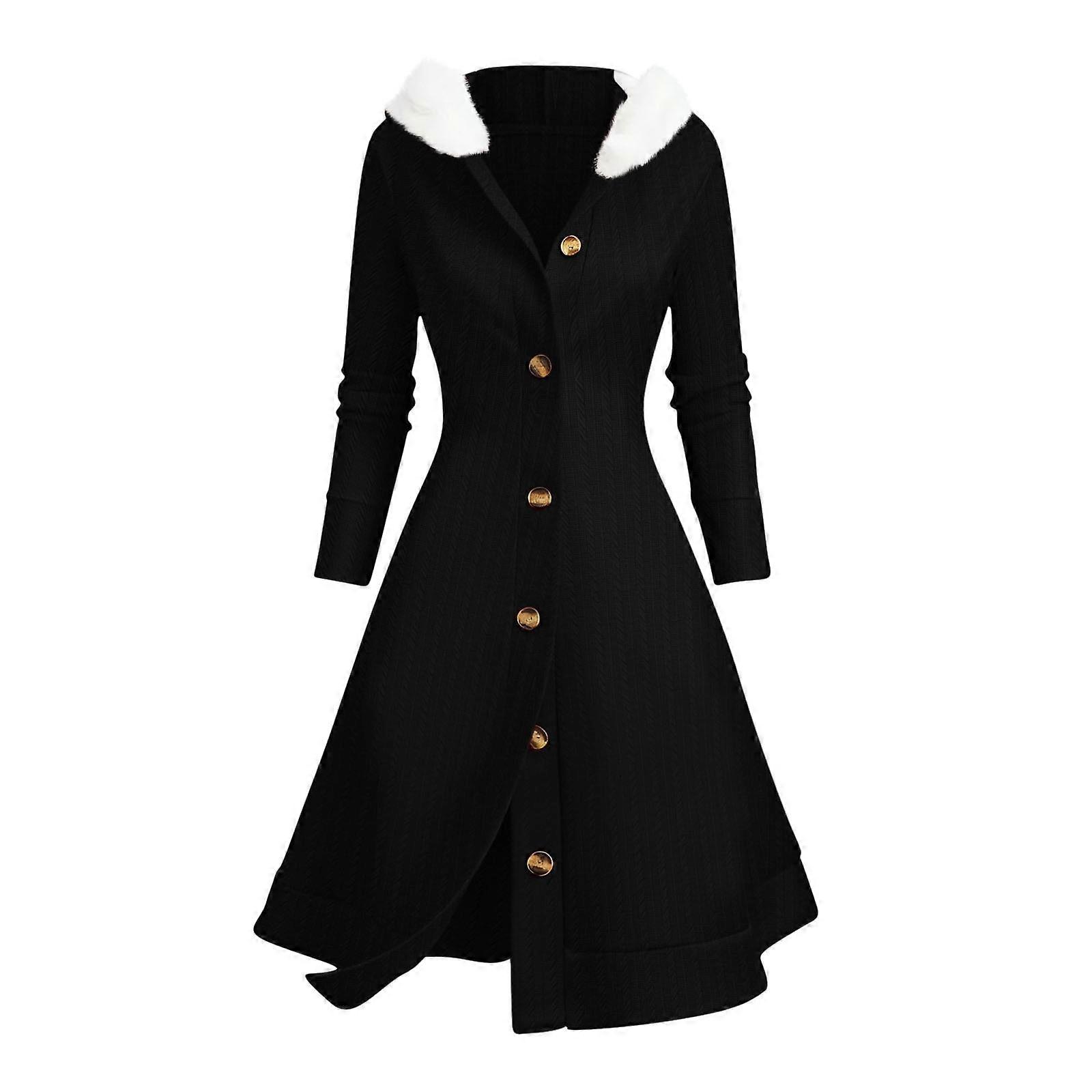 Cable Patchwork Hooded Button-Up Long Cardigan  Black S