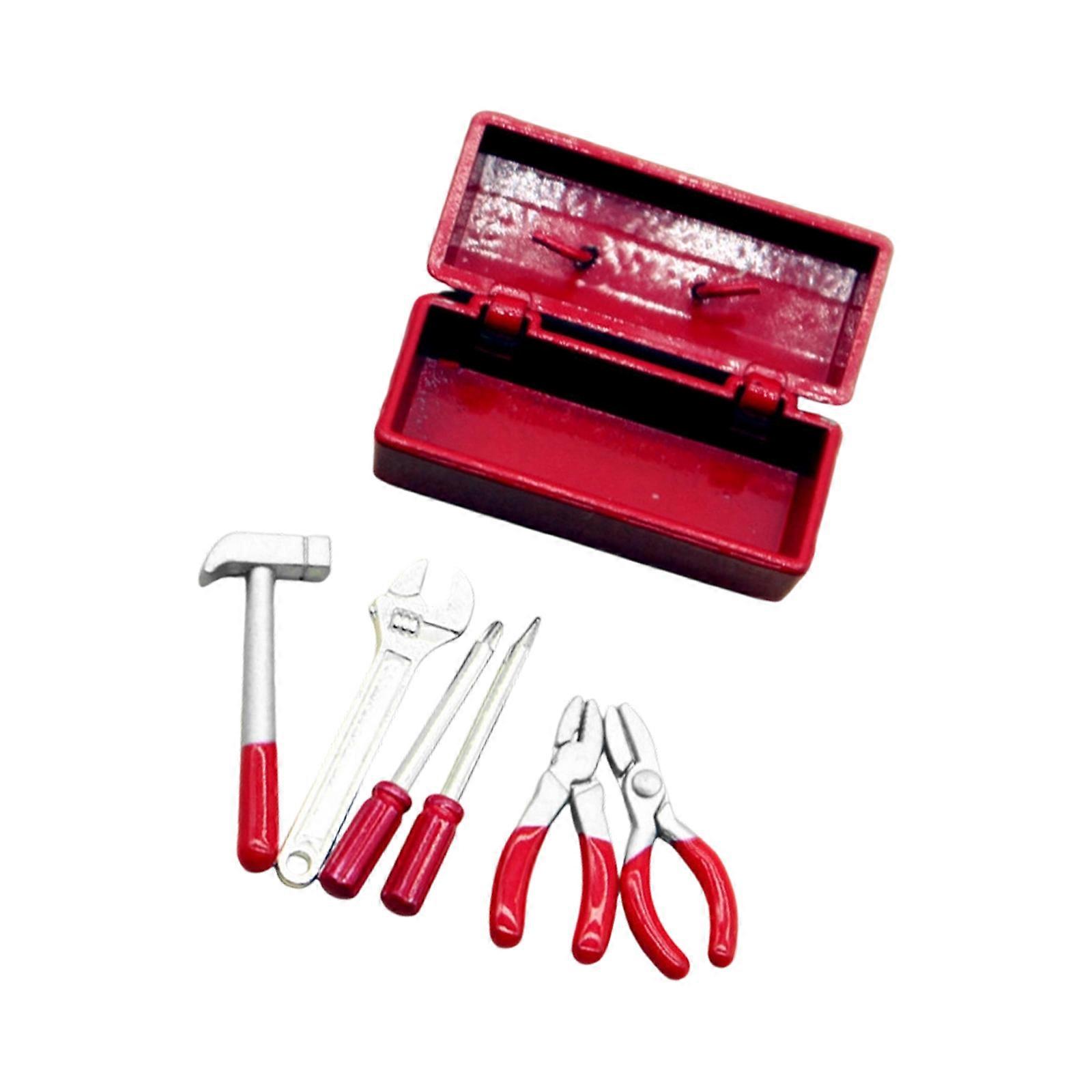 Miniature Gardening Tool Set With Toolbox For 1/12 Doll House Garden Scene Arrangement Children Pretend Play Game Props  Red