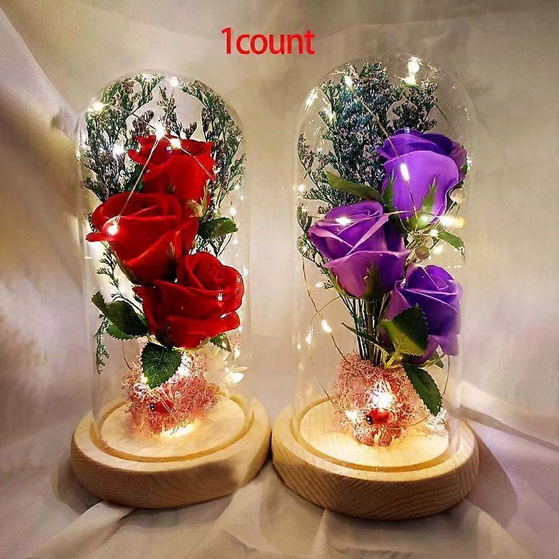 Artificial Rose with Transparent Glass Storage Box & LED Light, Artificial Rose Bouquet, 1 Count Decorative Flower Plants for Home & Party, 