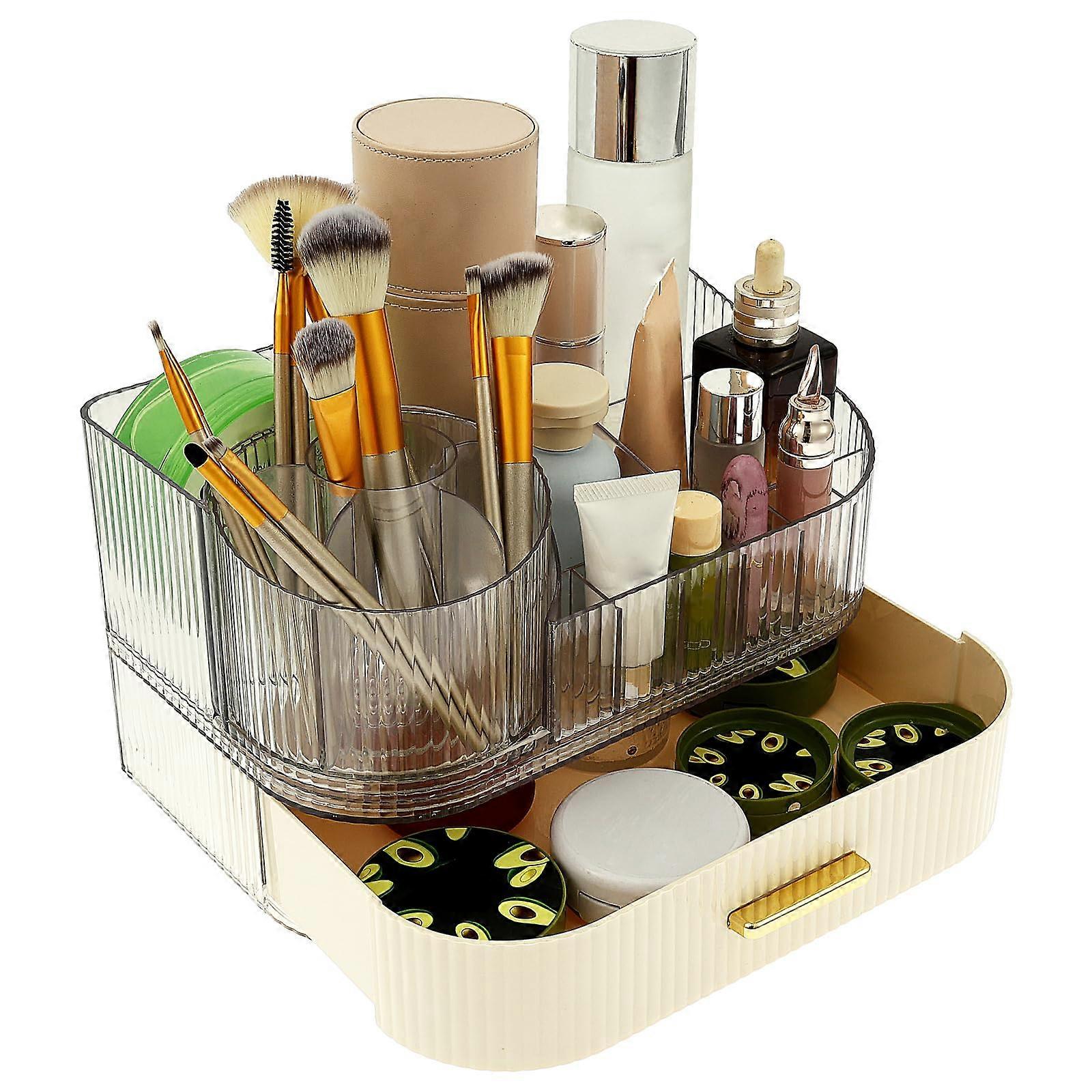 Makeup Organizer with 360° Rotating Brush Holder and Stackable Drawers for Large Capacity Vanity Storage