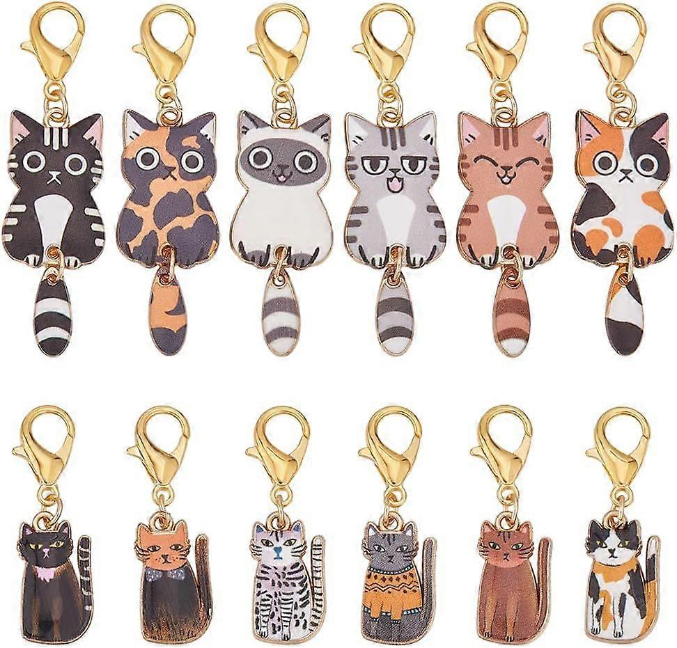 12Pcs Enamel Cat Charms Swinging Tails 12 Styles Cute Alloy Kitten Pendants Pet Dangle Cartoon Pendants with Lobster Clasp for Mobile Straps Keychain 