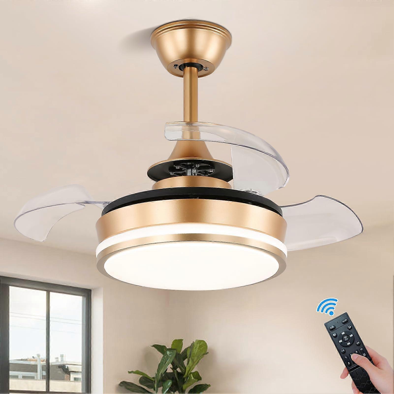Small Gold Chandelier Ceiling Fan with Light, Retractable Blades, Remote, Dimmable LED for Bedroom