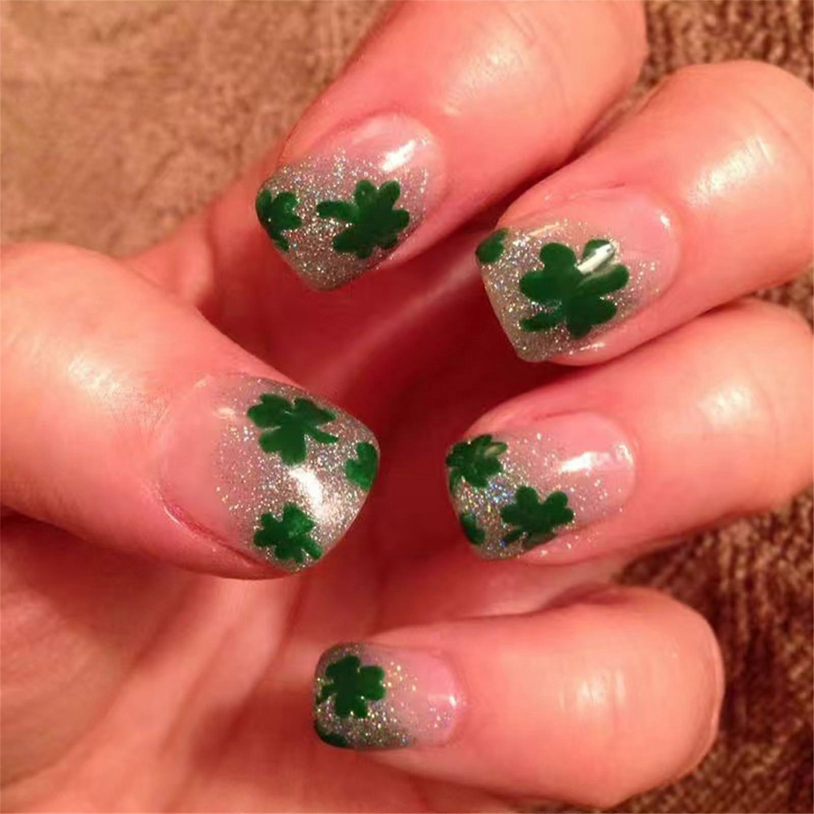 Glitter Press On Nails Short Square with Festive Shamrock Design, Reusable Acrylic False Nails