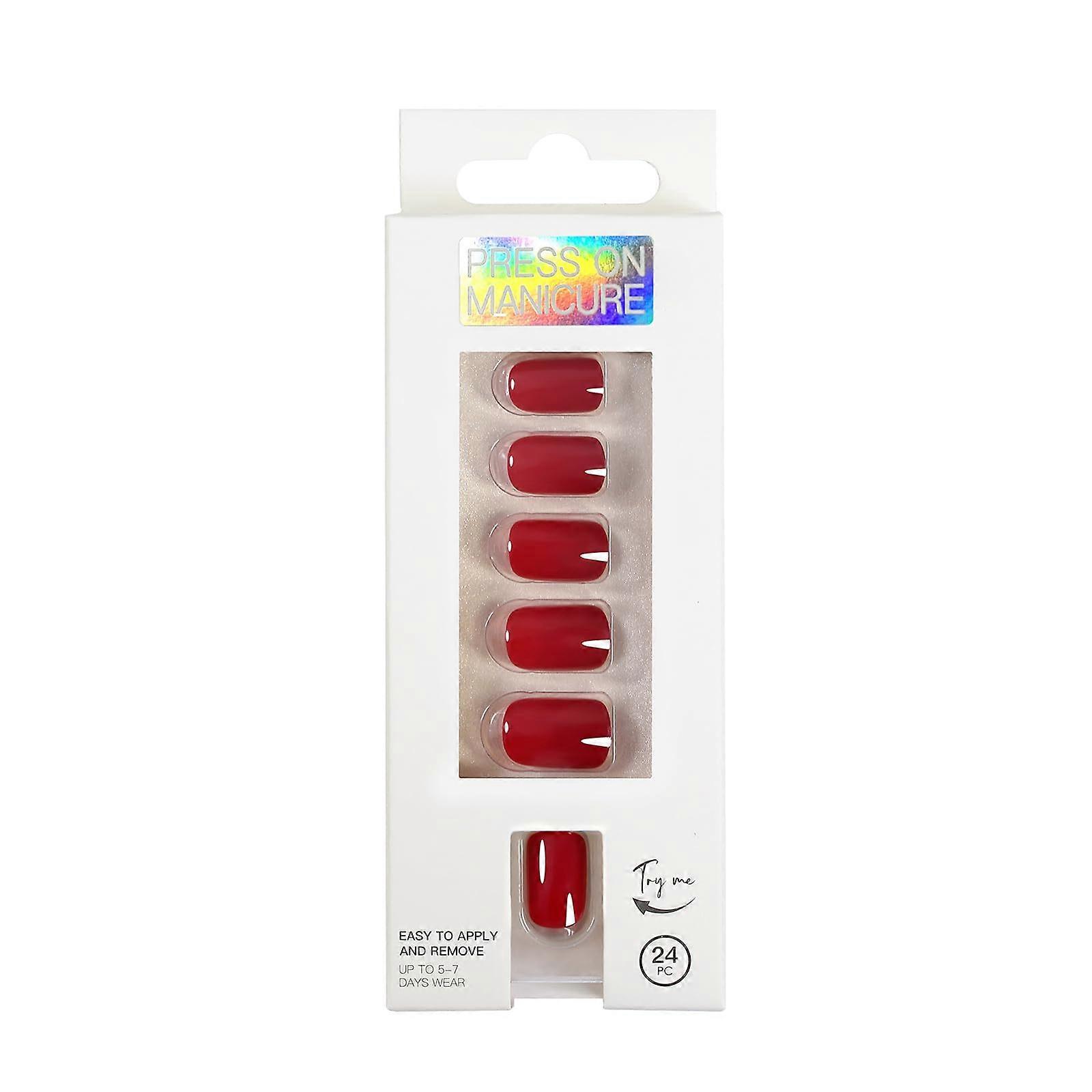 Glue  Press On Nails Ruby Red Squoval Medium Short 24pcs Gel Look No Glue Easy Removal