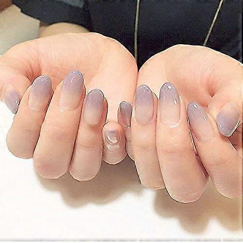 Oval Press On Nails Set Medium False Nails Light Gray Purple Nude with Adhesive Tabs