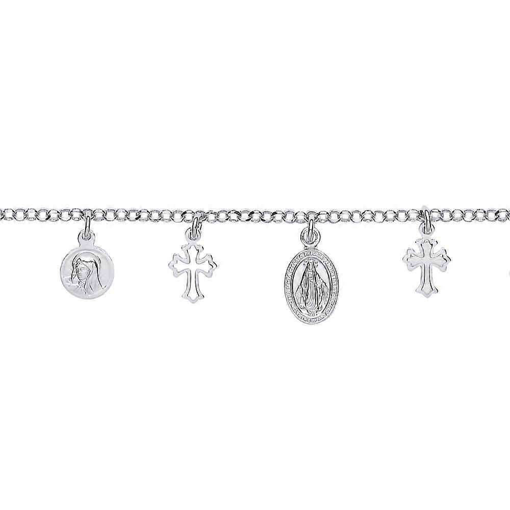 Jewelco London Ladies Sterling Silver Religious Cross Medallion Charm Bracelet 7.5 inch