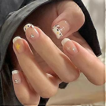24Pcs Short Square French Tip Press on Nails White Acrylic with Rhinestones Reusable and No Glue Needed