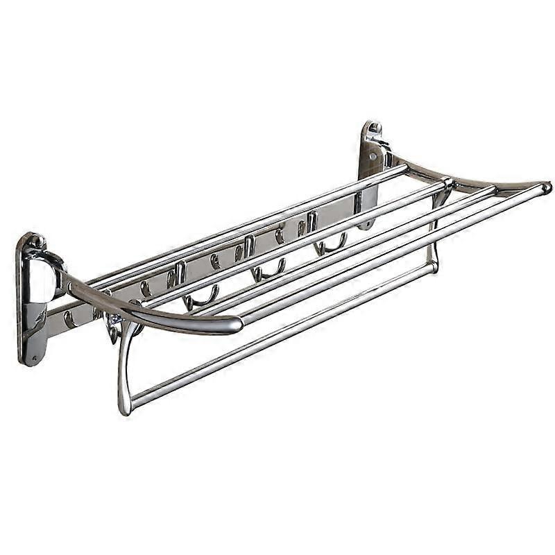 Stainless Steel Wall Mounted Foldable Towel Rack with 5 Hooks, Rustproof Bathroom Shelf Silver