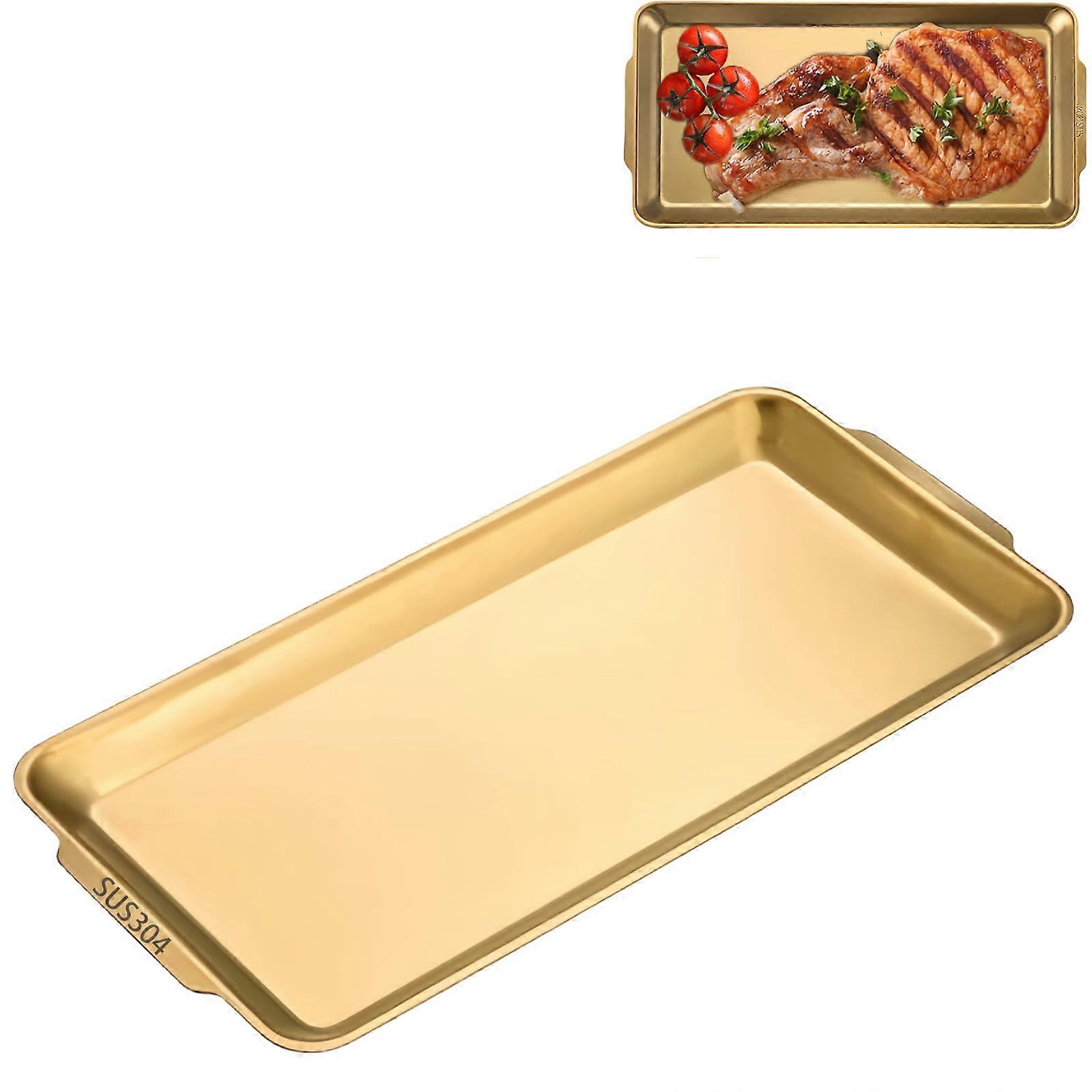Gold 304 Stainless Steel Serving Tray, 12.6x6.3in Rust Resistant Rectangular Platter with Handle