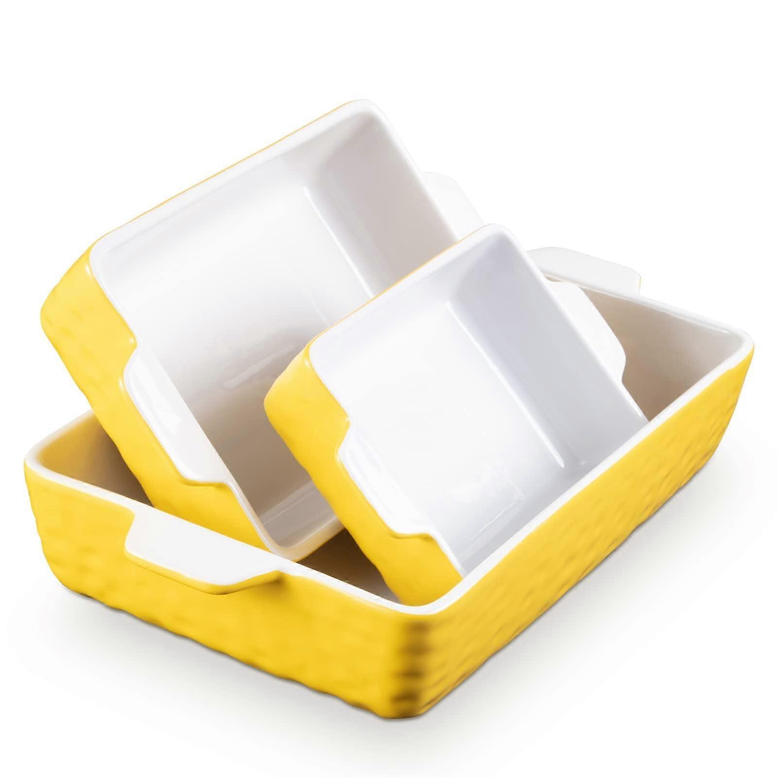 3Piece Ceramic Bakeware Set with Handles, OventoTable Rectangular Dishes, Microwave Dishwasher Safe, Yellow