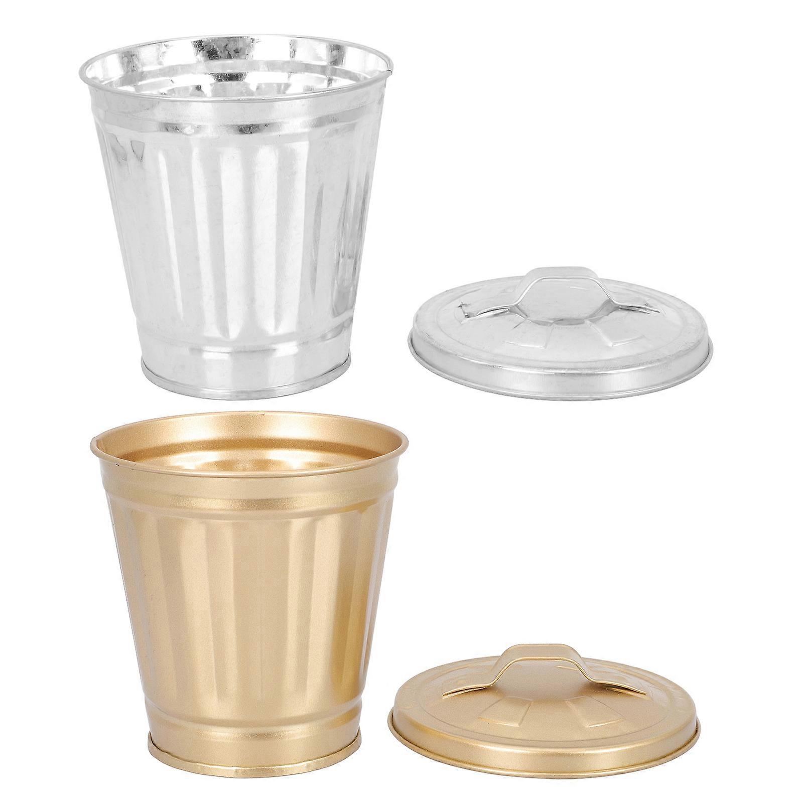 Mini Garbage Can Desktop Iron Trash Bin with Lid 4Pcs for Home Use