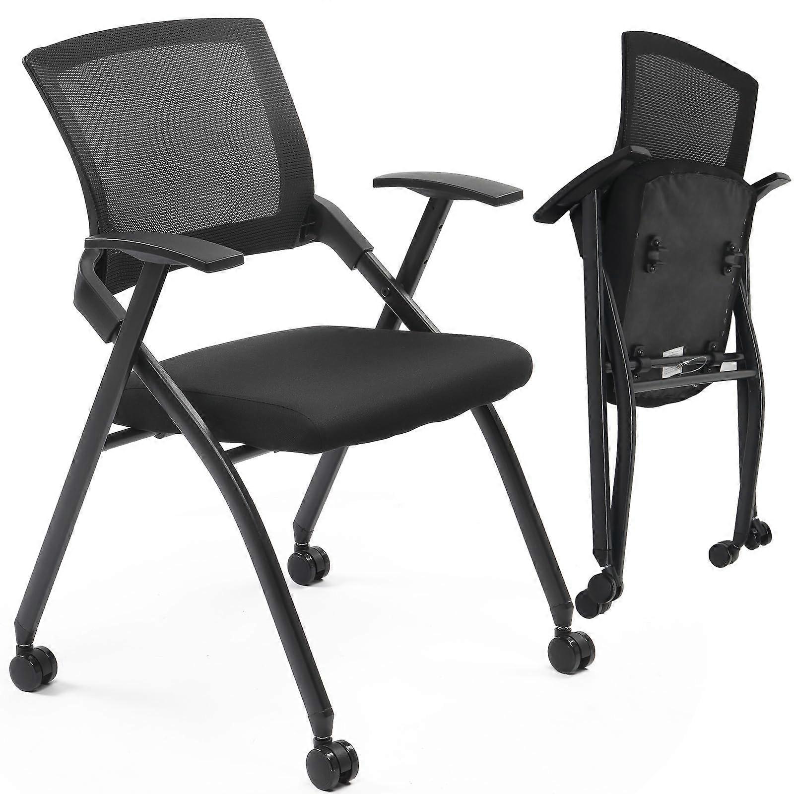 1 Pack Black Ergonomic Mesh Office Conference Chair with Wheels, Foldable Stackable Design, Adjustable Armrests