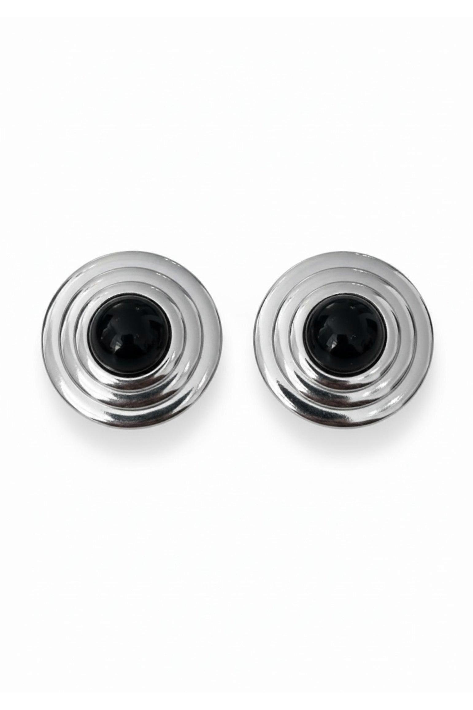 Como Large Round Stud Earrings Onyx Silver