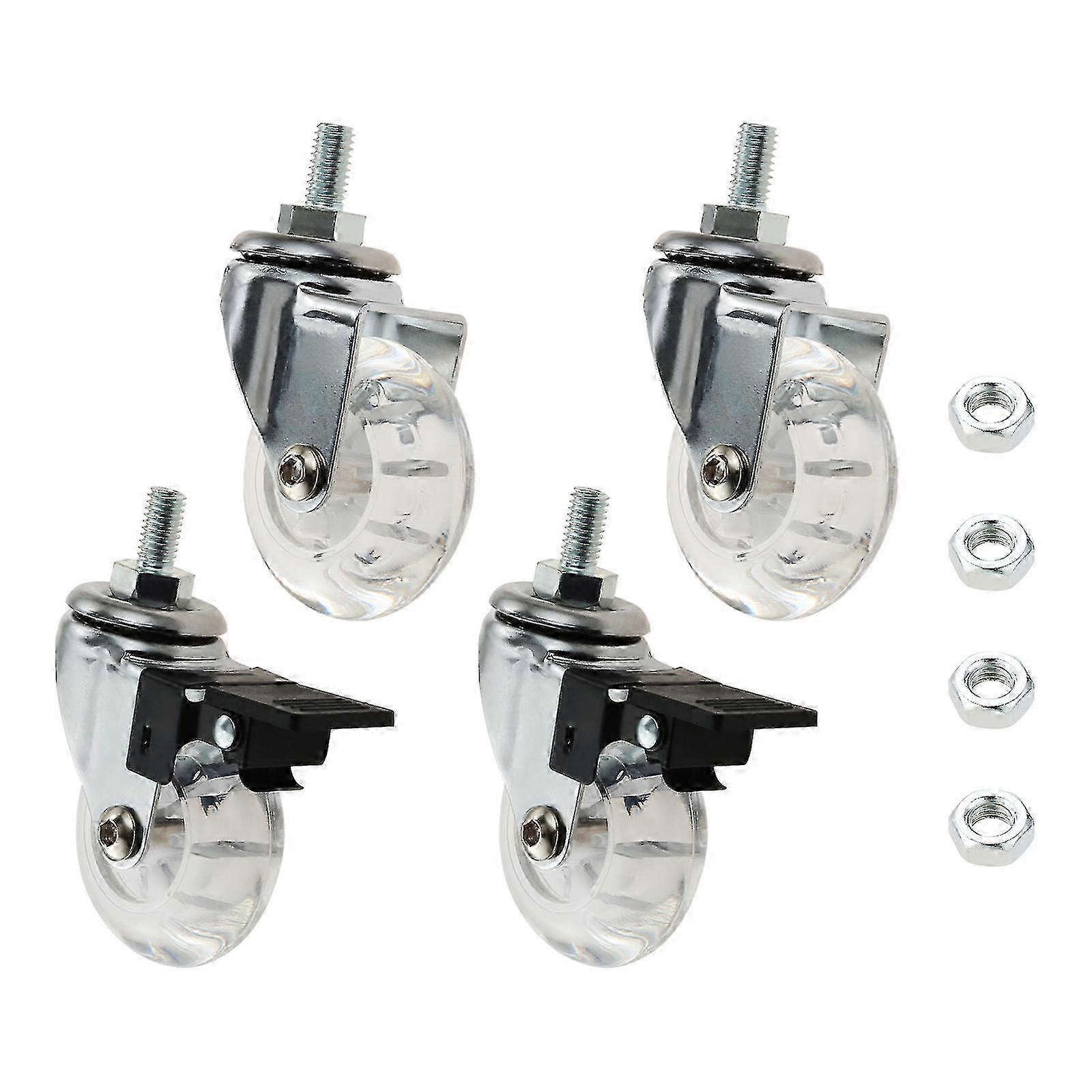Conjunto de 4 rodízios giratórios transparentes de 2 polegadas com haste roscada M8x15mm e freio para sofá e cadeira.
