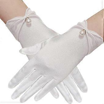 Evening Party Gloves for Women, Short Satins Gloves with Pearls Cuffs Stage Accessories Wrist Length Wedding Bridal