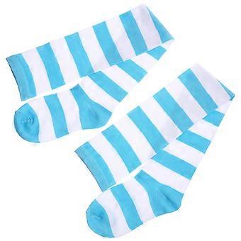 Pair of Women's Blue and White Wide Striped Thigh High Over the Knee Stocking Socks (Blue & White)