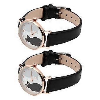 Women Cat Pattern Wrist Watch 2 Pcs Casual Style Adjustable Watchband Black Imitation Timekeeping