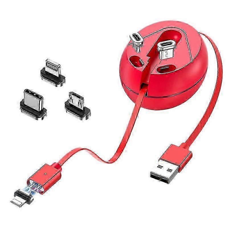 Retractable Data Cable 1 Drag 3 Cable Round 1M 3A Type-C Micro-USB Magnetic Storage Data Cable ,Red