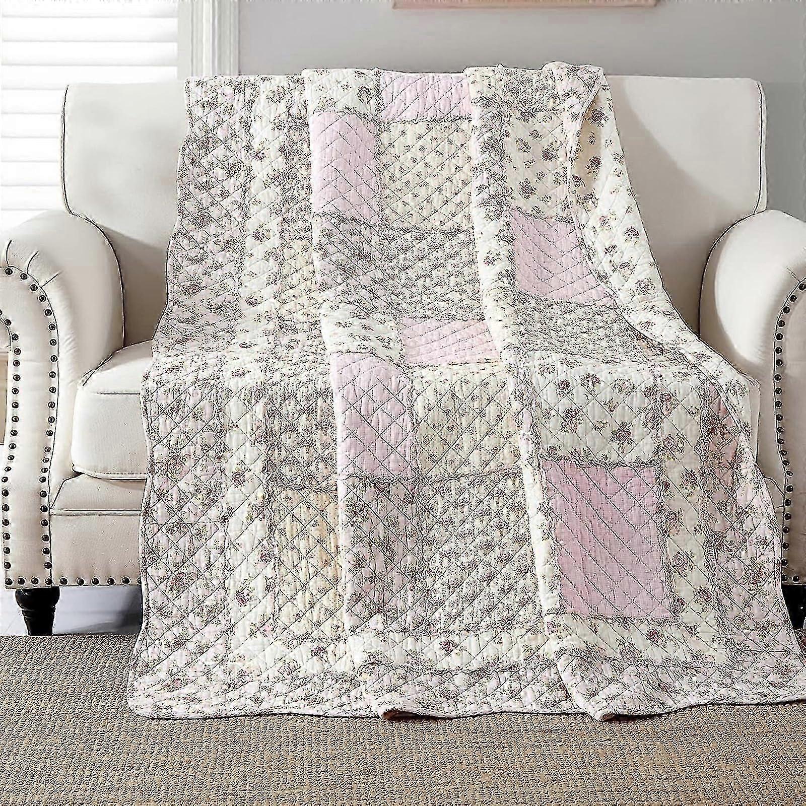 Patchwork bedspread for single bed, cotton patchwork blanket, pink for girls, quilted sofa throw, bed throw, 150 x 200 cm with floral pattern