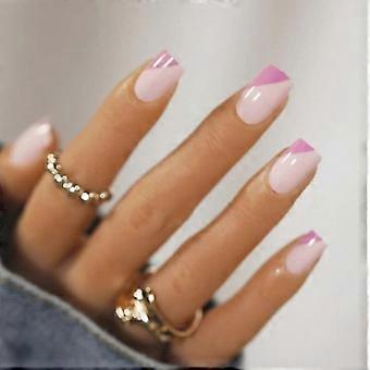 Press On Nails Kit, 24Pcs Short Coffin Pink French Tip Reusable Acrylic False Nails