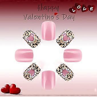 Short Medium Square Press on Nails, Hot Pink Leopard Print Rhinestone Fake Nails for Women