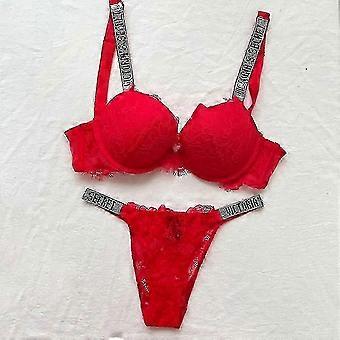 Completo intimo da donna in raso con reggiseno push-up, strass, spalline larghe e slip a vita alta, due pezzi.