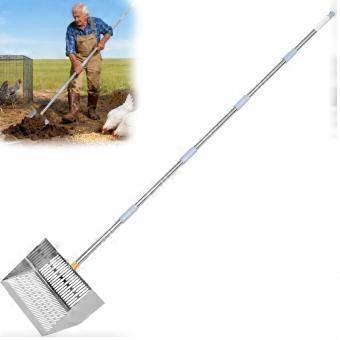 Chicken Coop Poop Scooper with 10' ExtraWide Scoop, Adjustable 32'75' Handle, 5in1 Litter Sifter