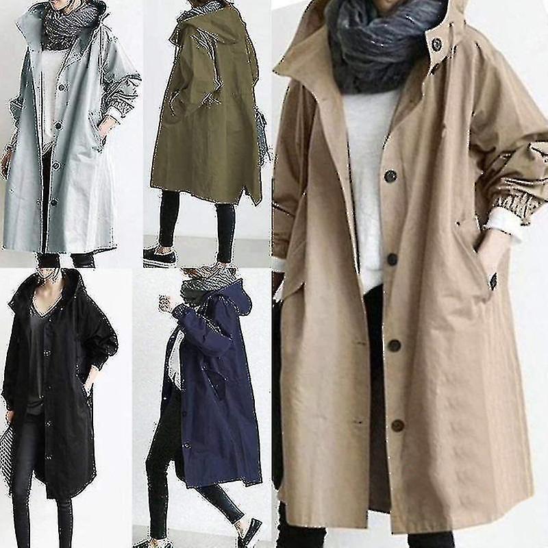 Women Windbreaker Jacket Casual Loose Button Pockets Hooded Windproof Waterproof For Outdoor Hiking
