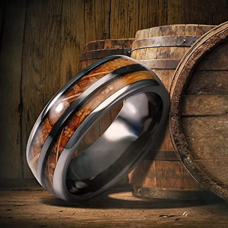 1pc Stylish Men S Barrel Gun Gray Stainless Steel Ring With Wood Grain Inlay - Perfect For Weddings And Engagements