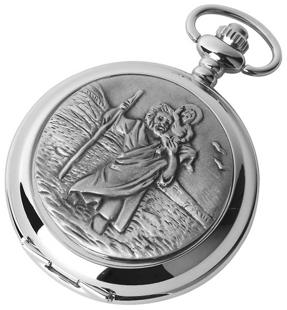 Woodford St Christopher Chrome Plated Full Hunter Quartz Pocket Watch - Silver