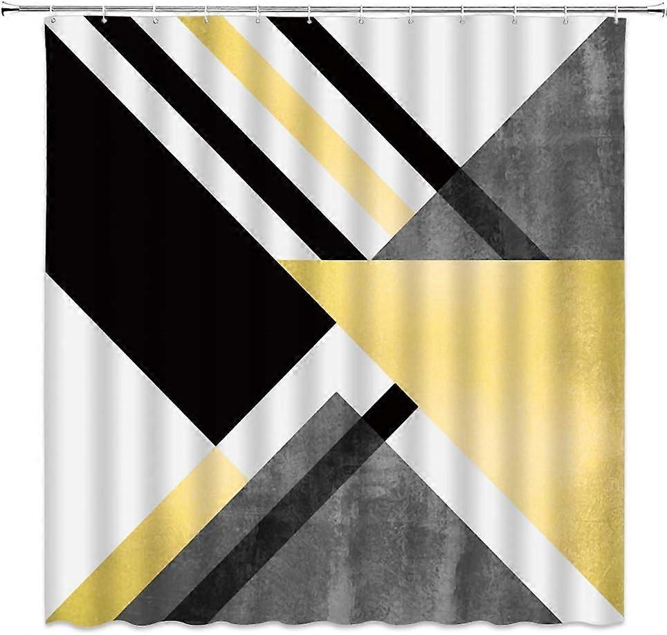 Abstract Geometric Shower Curtain Yellow Black White Geometry Triangle Striped Pattern Tile Marble Lines Modern Art Design Creative Unique Fabric Bath