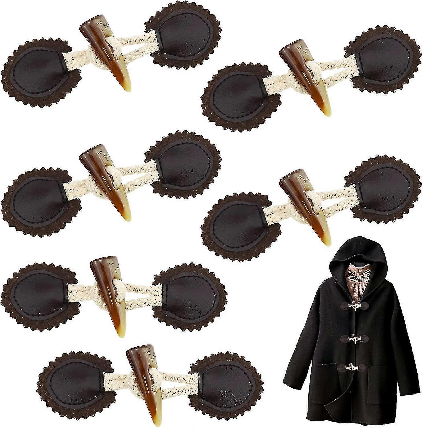 6 Sets Pu Leather Sew-on Toggles (dark Brown) Closure With Resin Horn Button Sewing Accessories For Coat Clothing Jacket, Sweater, Windbreaker