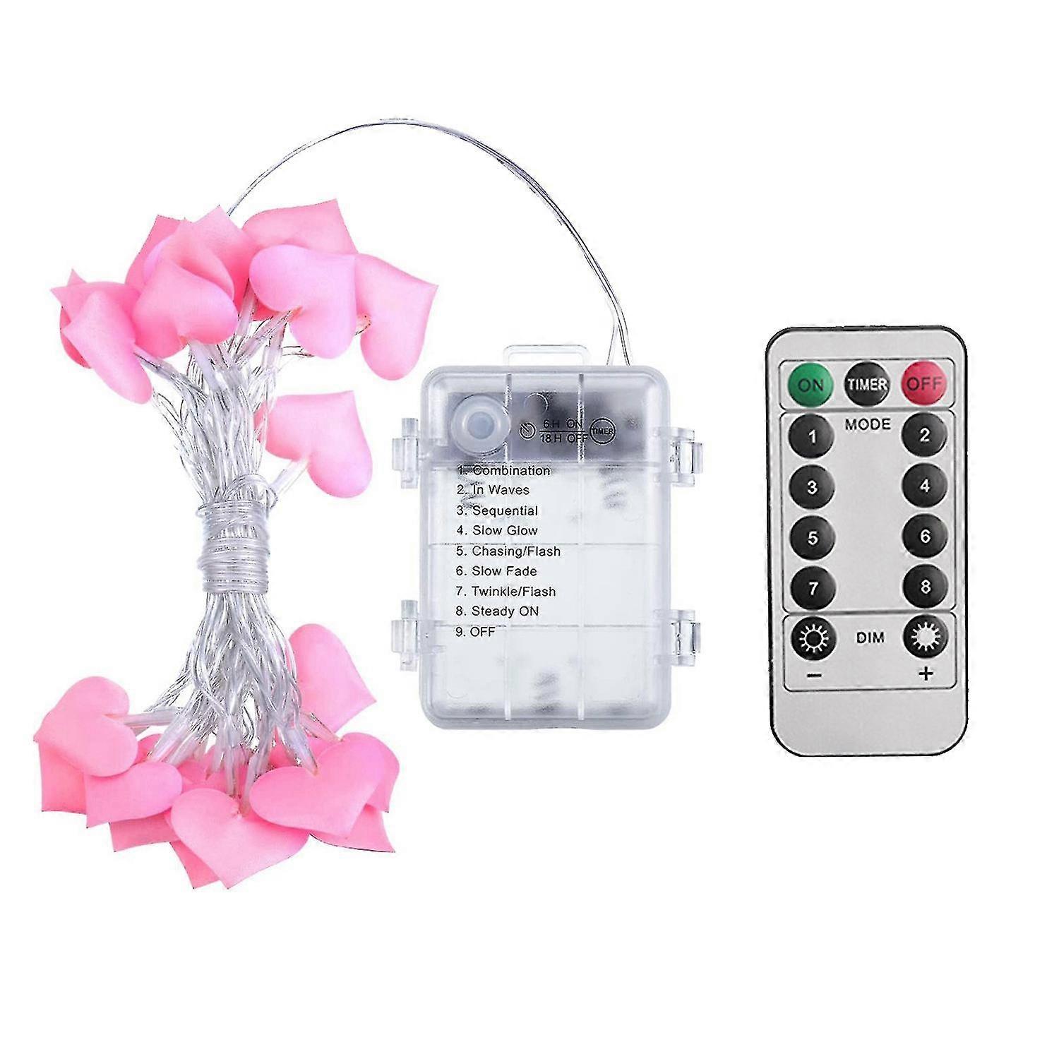 40 Led Valentine's Day Heart-shaped String Light, 3d Pink Heart-shaped Battery Powered 8-mode Strin