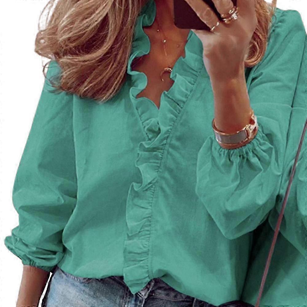 Plus Size Femmes Solid Long Sleeve Ruffle V Neck Blouse T-shirt Tops
