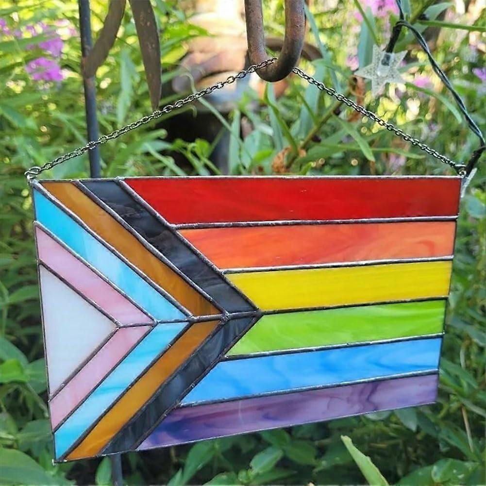 Progress Pride Stained Glass Flag,Pride Flag Suncatcher for Windows, Pride Flag Banner, Intersex Progressive Pride Flag, Outdoor Pride Decor