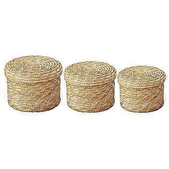 3Pcs Handmade Straw Rattan Woven Storage Basket Toy Snack Sundry Holder with Lid-ZZY