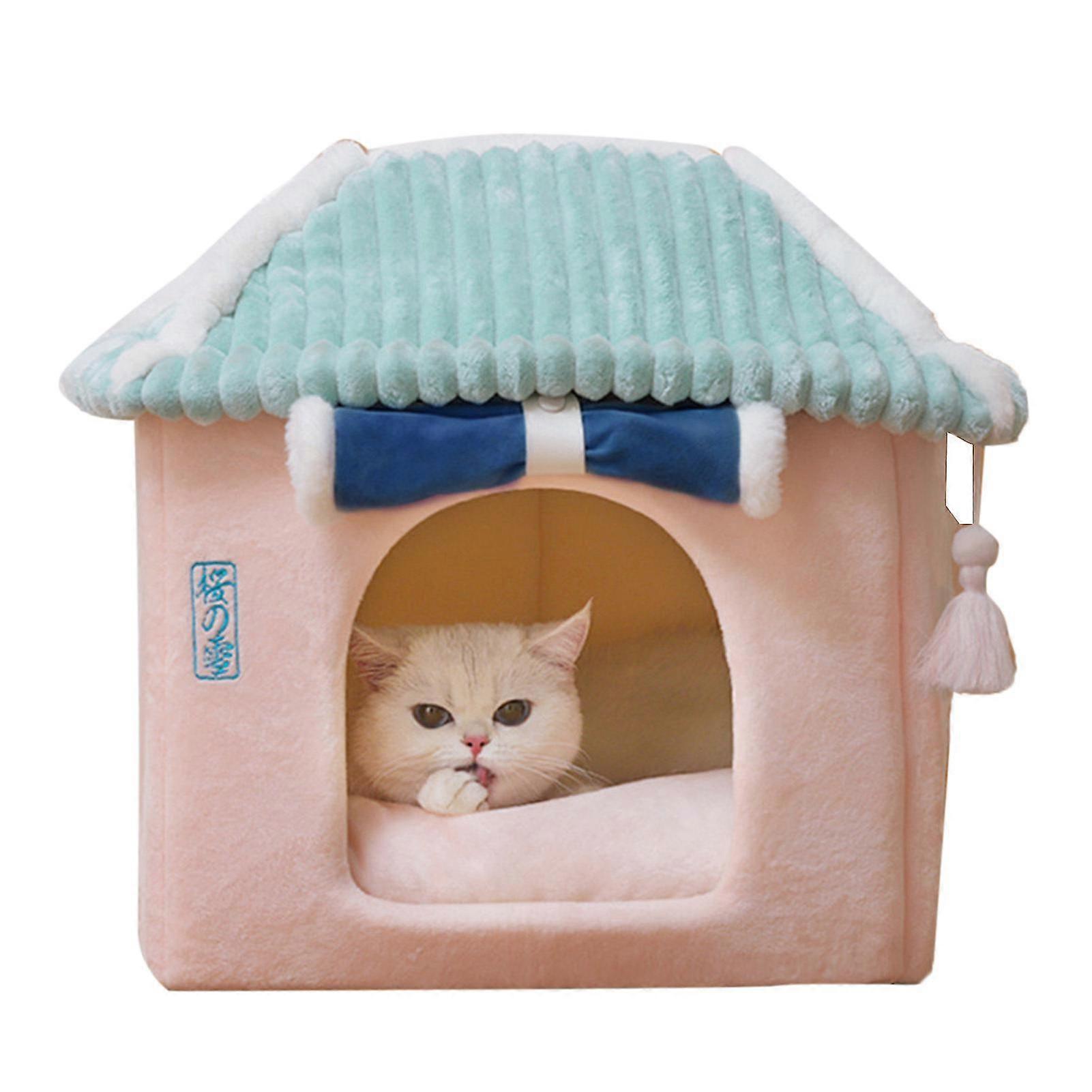 Pet Cave Bed - Soft, Removable Pillow - Square Shape with Cave Design for Cats and Dogs in Navy Blue