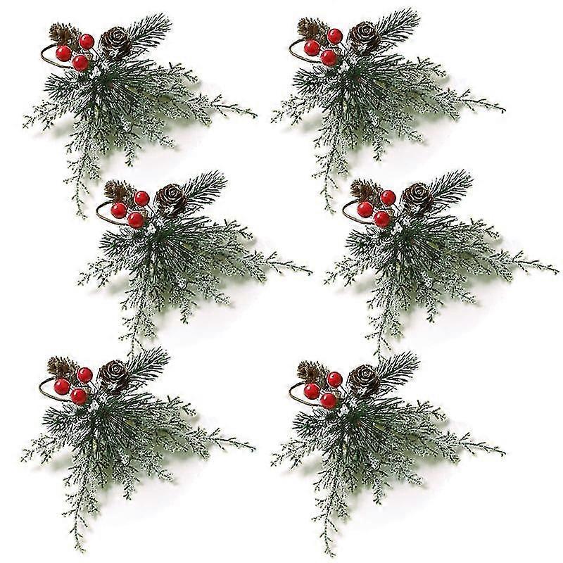 Christmas Napkin Rings Set Of 6, Napkin Holder Rings With Artificial Pine Cones Branches Red Berry