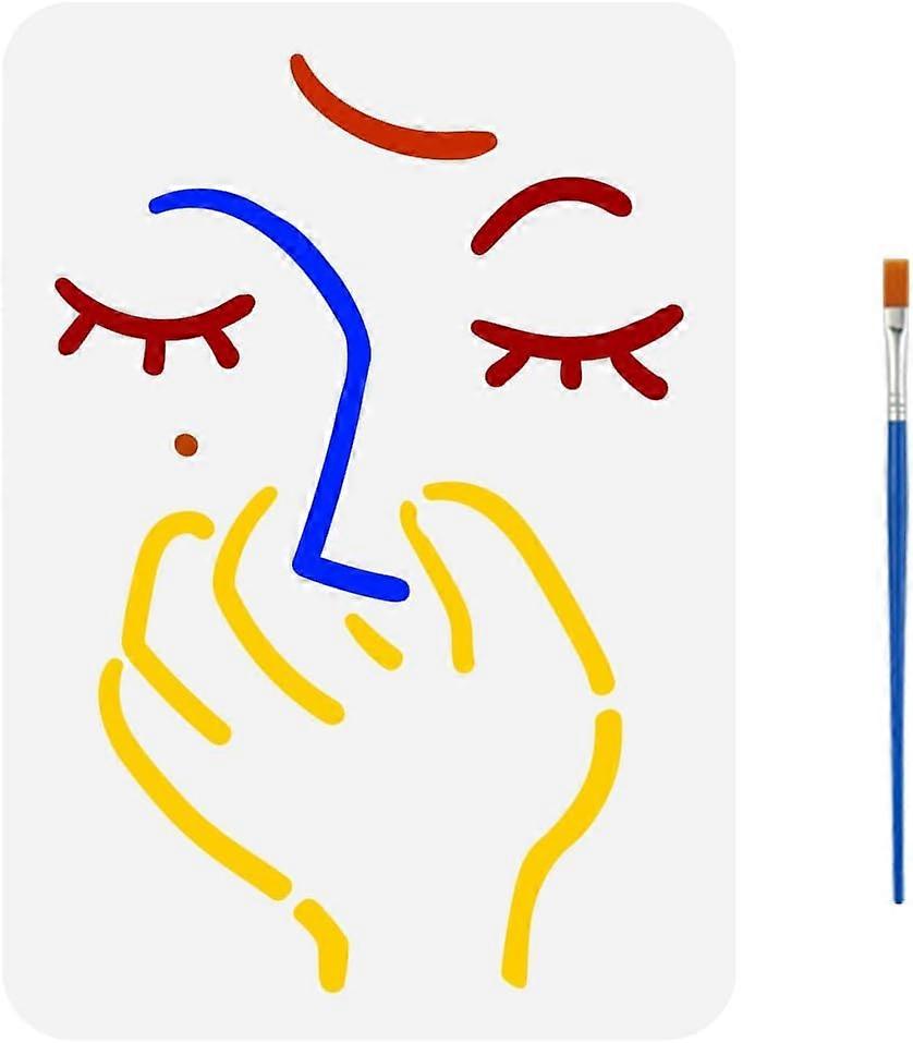 Female Face Fun Lines Stencil with a Paint Brush 11.7x8.3Inch Abstract Lines Large Stencil Pinch The Nose Painting Stencil Abstract Face Drawing Stenc