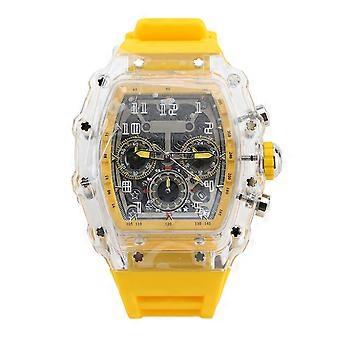 Caixa transparente Relógio de negócios à prova d'água 50M Luminoso Casual Legal Grande Mostrador Pulseira de Silicone Moda Relógio Oco para Homens Banda Amarela
