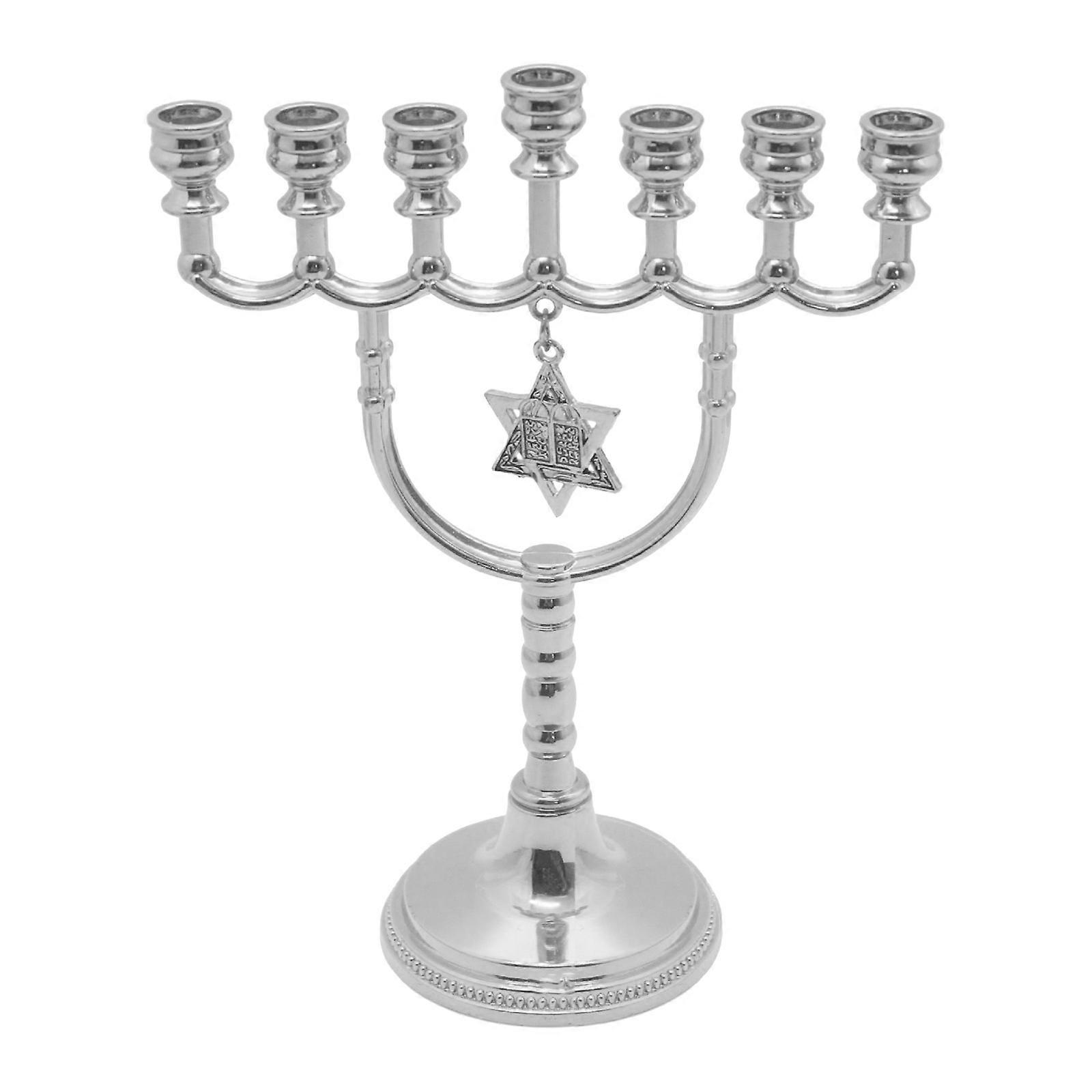 Candlestick Candleholder Shabbat Candlestick Hexagonal Star Pattern Jewish Candle Stand 7 Branch  silver