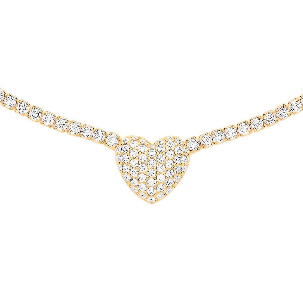 Jewelco London 女士镀金纯银 CZ 镶嵌爱心网球项链 2mm 14 + 2 英寸