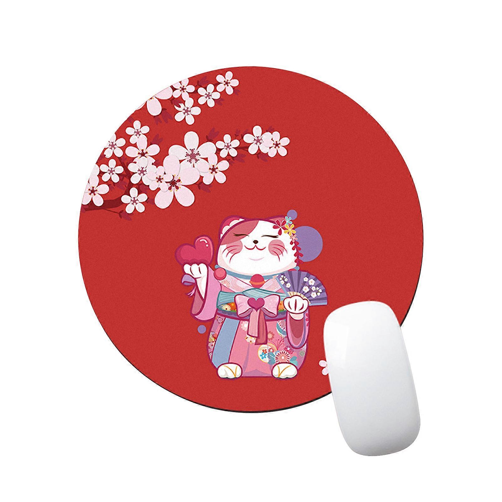20x0.3cm Round Mouse Pad, Cute Lucky Cat, Waterproof Surface