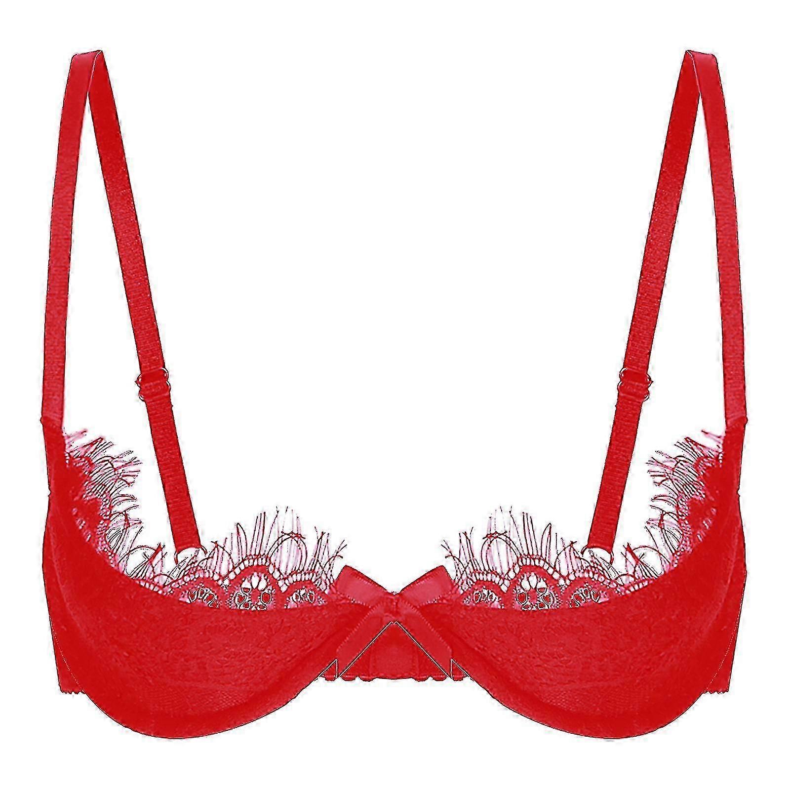 Mulheres Abertas Mamilo Lace Cups Sutiã Sutiã Push Up Acolchoado Underwire Alça Ajustável Bowknot Underwear-good C Vermelho B