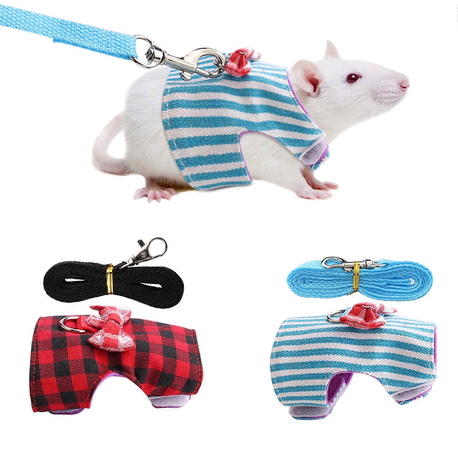 Small Animals Traction Rope Chest Strap Set - Red Grid and Blue Stripes, Adjustable, Durable 2 Pieces