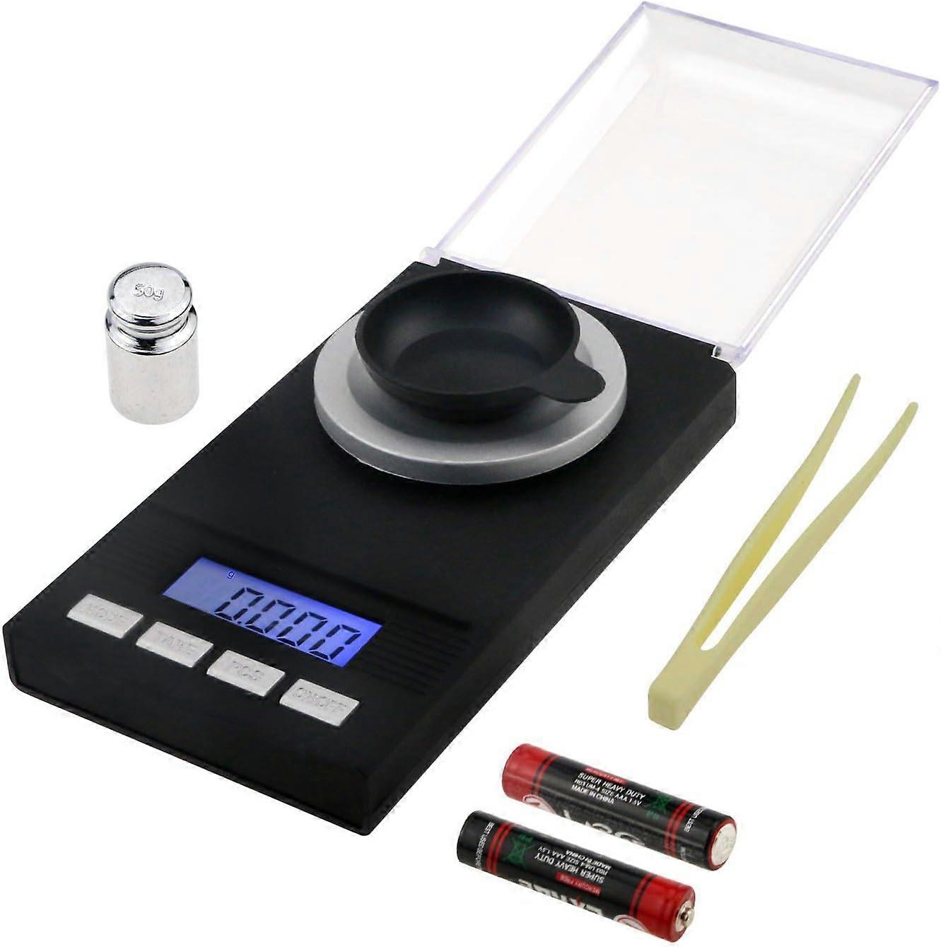 Precision Pocket Scale, Jewelry Scales 50 x 0.001g Digital Scale Kitchen Scale with LCD Display with Calibration Weight Tweezers and Weighing Pan