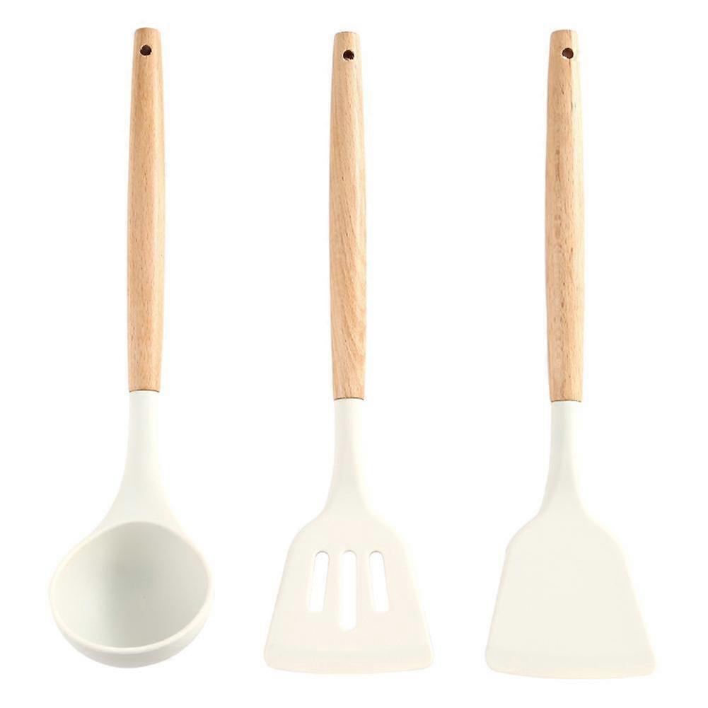 3PCS 흰색 실리콘 주방 용품 조리 기구 세트 나무 손잡이 붙지 않음