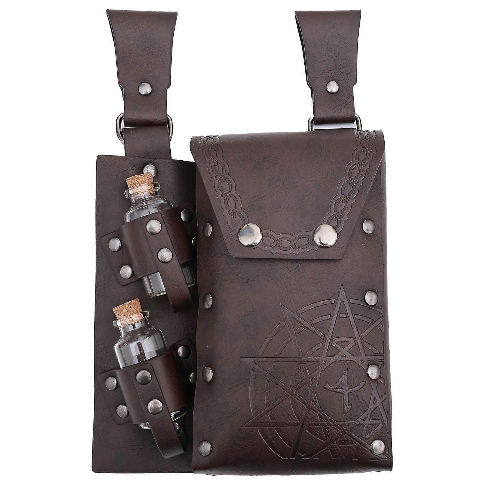 Medieval Leather Side Pack With 2 Potion Bottles Holder Medieval Wizard Waist Bag Medieval Belt Pouches For Halloween  Dark brown